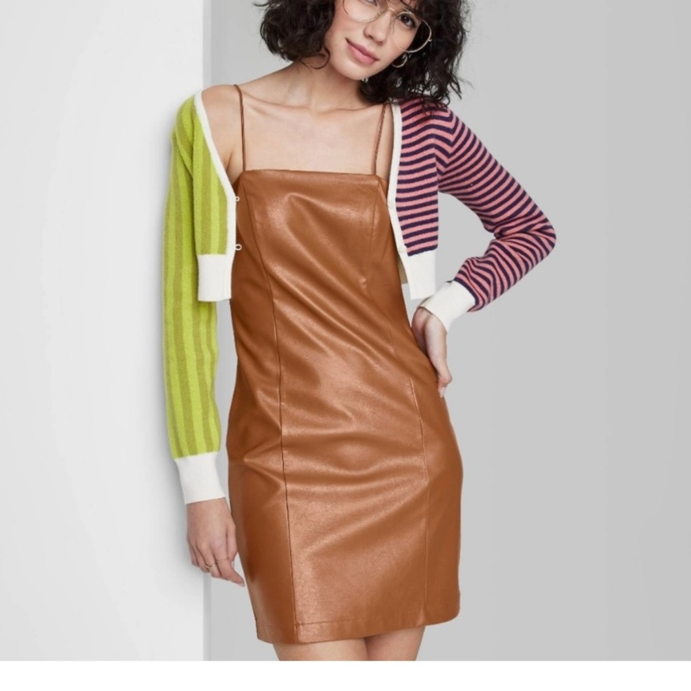 Brown faux leather mini dress